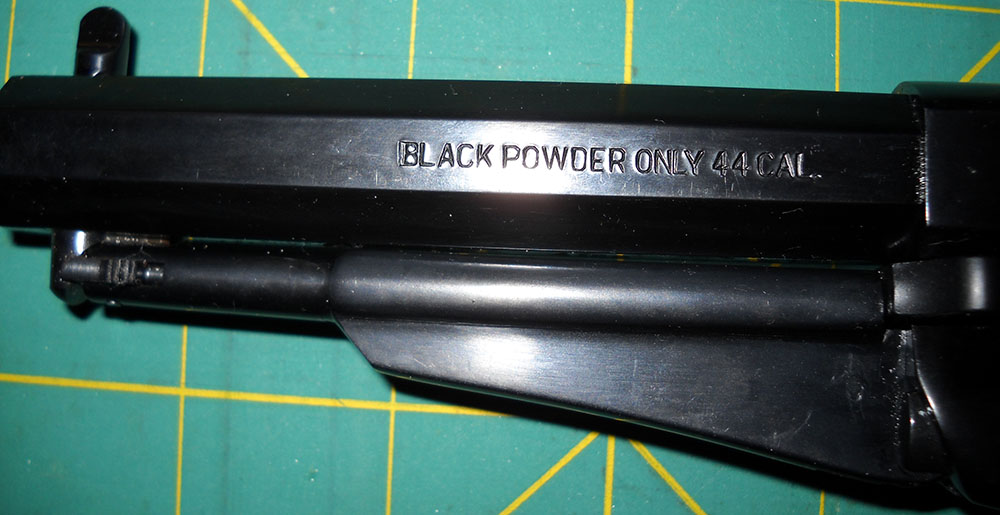 detail, Pietta 1858 left side markings: BLACK POWDER ONLY 44 CAL